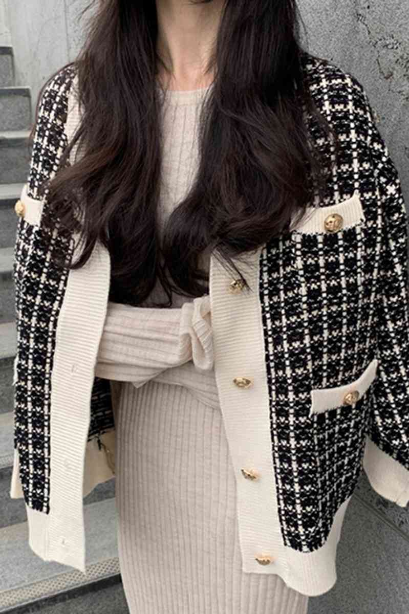 Vintage V Neck Women Knitted Sweaters Coat Korean Chic Plaid Female Cardigans New Chic Sueter Mujer Knitted Jacket 210417