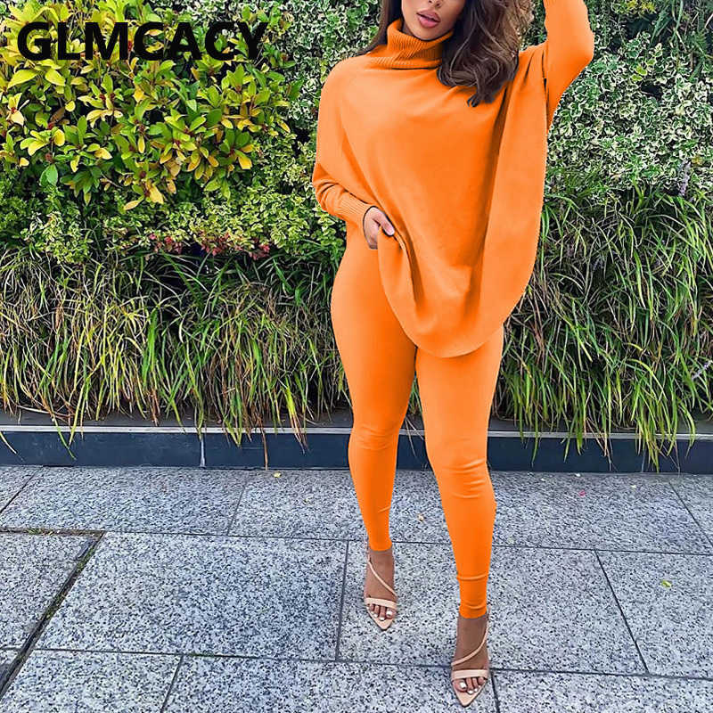 Women Two Piece Classy Suits Batwing Sleeve Turtleneck Top & Skinny Pants Set 211007