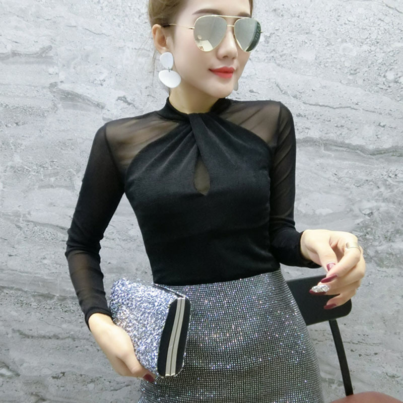 Mesh Long Sleeve Solid Women Blouse Tops Chemisier Femme Casual Slim Fit O-Neck Shirt Clothes Autumn 7300 50 210506