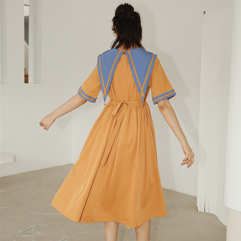 Women Summer Orange Dress Sailor Collar Short Sleeve Large Size Fit Lady Fashion Arrivals 2H074 210526