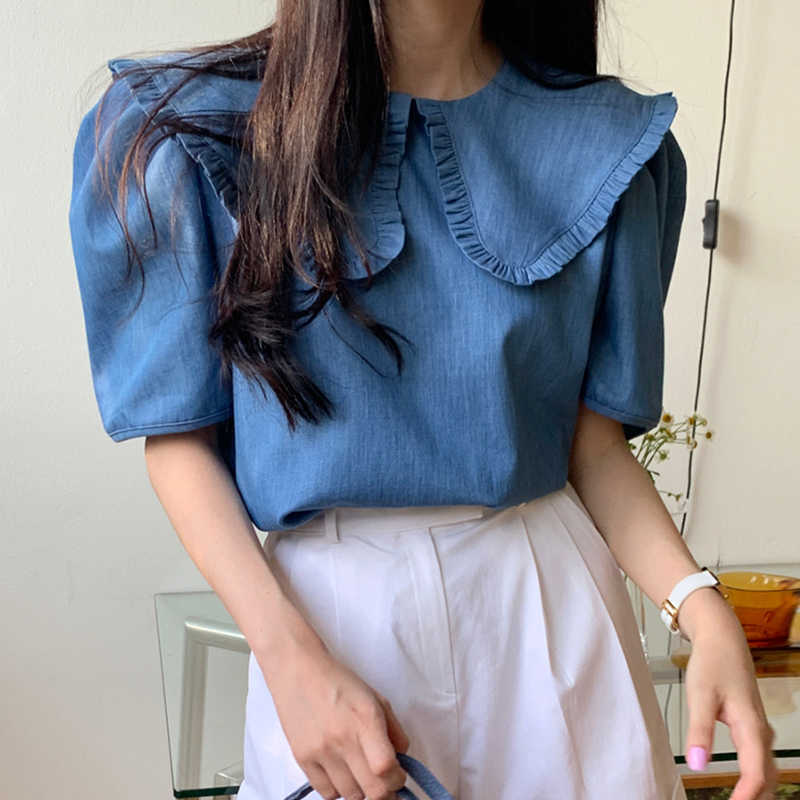 Causal Puff Sleeve Jeans Blouse Sweet Korean Peter Pan Collar Women Shirts Summer Demin Top Blusas 6J265 210603