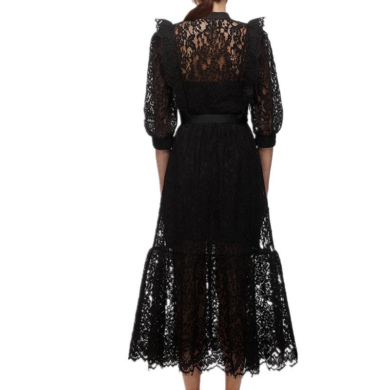 Fashion Runway Sexy Lace Hollow Out Ruffle Summer Dress Women's Short Sleeve Elegant Single-Breasted Long Robe 210520