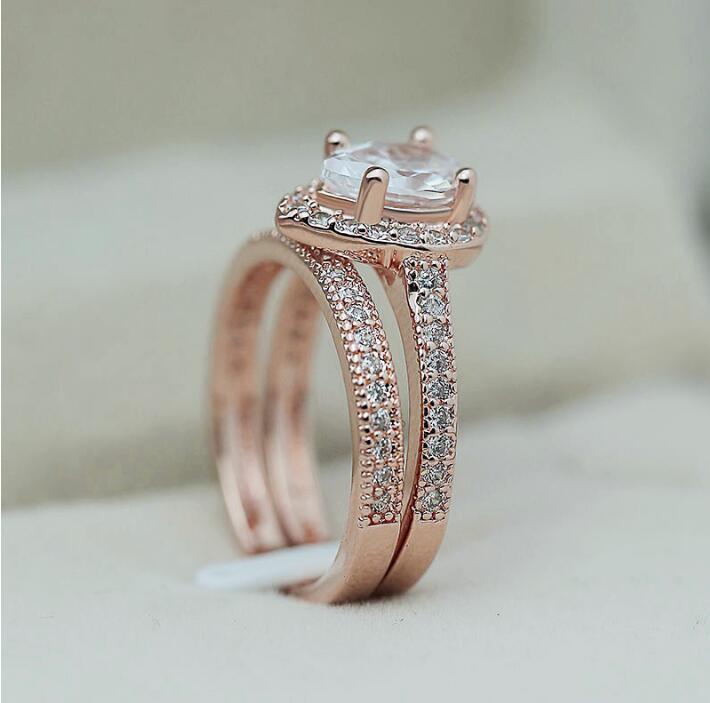 Sterling Sier Rose Gold Plated Pear Cut White Topaz Bridal Ring Set for Women Free shipping