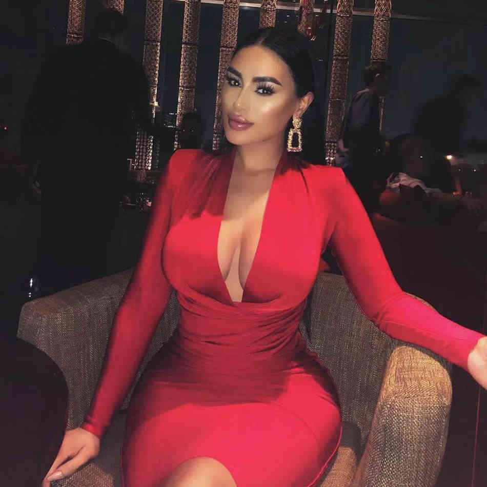 Spring Women Bandage Dress Sexy Deep V Neck Long Sleeve Bodycon Club Black Midi Celebrity Evening Party Dresses 210423