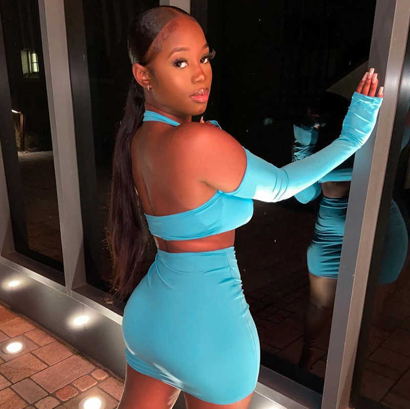 Colysmo Blue Skirts Sets Cut out Backless Long Sleeve Halter Top High Waist Bodycon Mini Suit Women Sexy Club Outfits 210527