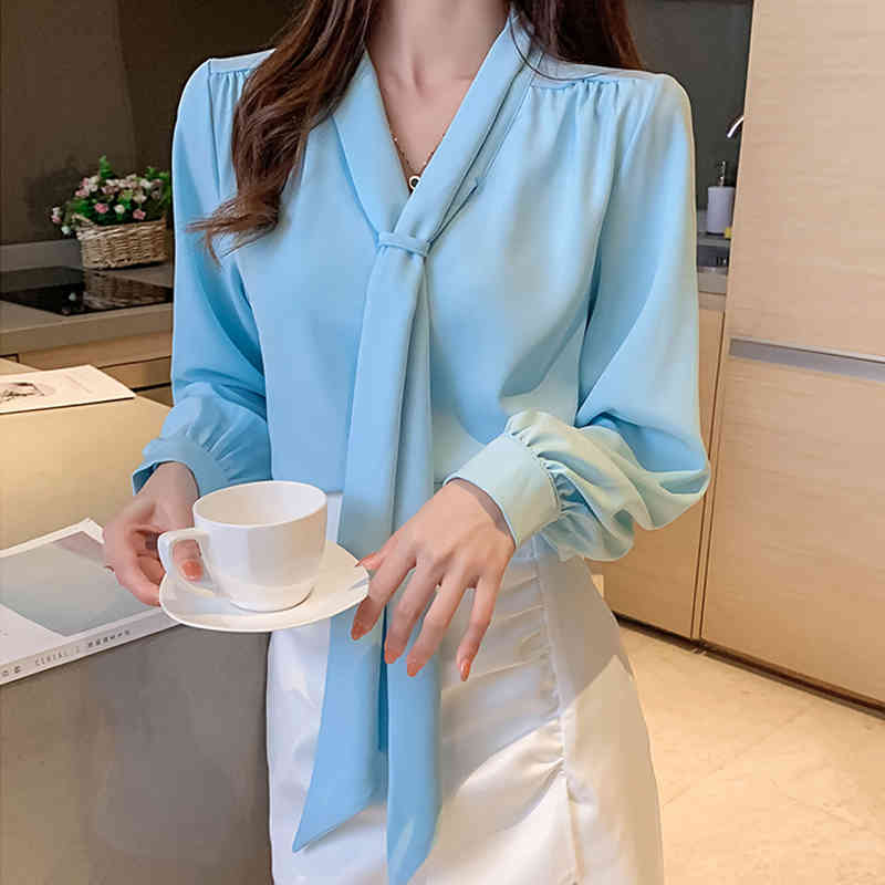 Long Sleeve Office Lady Style V-neck Wome's Shirt Fashion Korean Clothes Bow Lace Up Chiffon Blouse Blusas Mujer 11276 210427