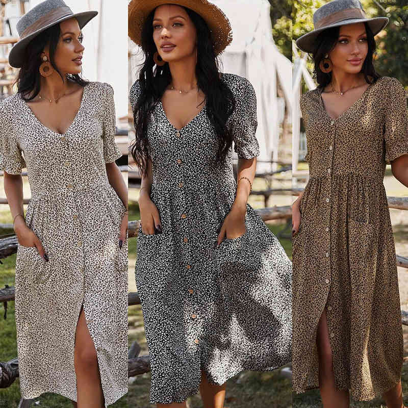 Ladies Vintage Sexy Leopard Print Summer Dress Women Slim Casual High Waist Button Bohemian Women Beach Dress Vestidos Female 210409