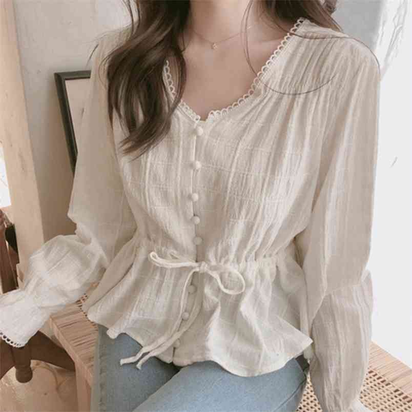 Arrival Autumn Korea Fashion Slime Sleeve Single-breasted Female Tops Women Cotton Blouse Shirts S52 210512