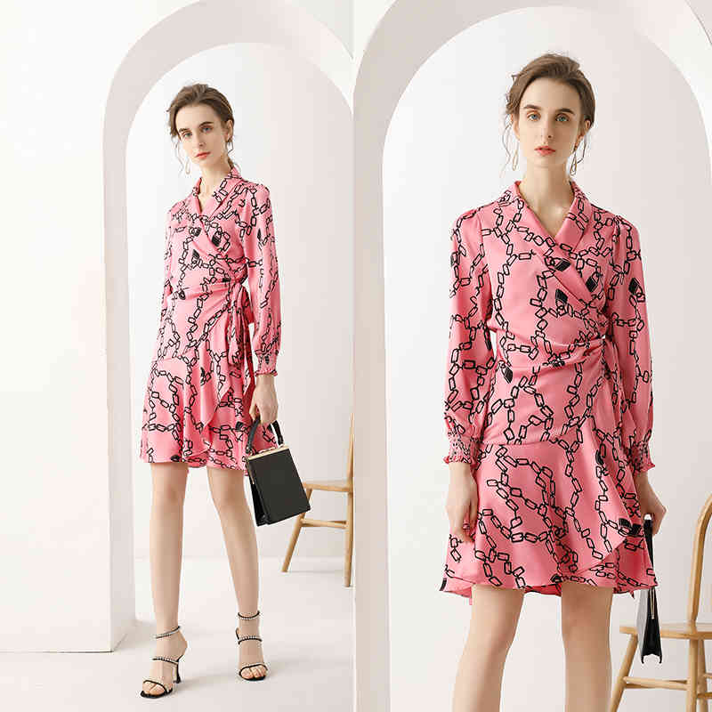 Spring Boho High Waist Chain Printed Women Dress Elegant Summer Lace-Up Fashion Wrap Asymmetric Party Vestidos 210519