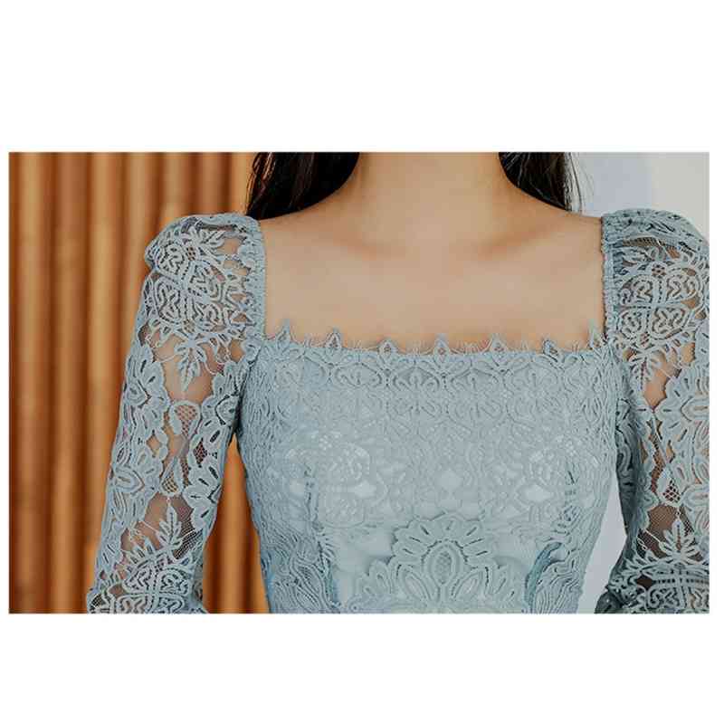 Women Eleagnt Slim Waist Lace Dress Long Sleeve Square Collar Female Office Ladies Mid-Length Vestidos 210520