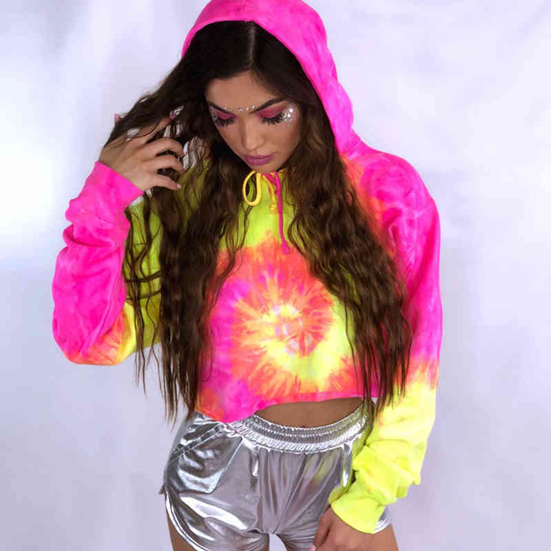 Big Size Womens Tie Dye Hooded Sweatshirt Ladies Baggy Pullover Tops Autumn Long Sleeve Loose Drawstring Jumper Casual Hoodies 210515