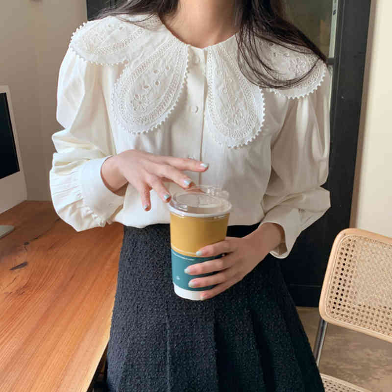 Nomikuma Korean Hook Hollow-out Peter Pan Collar Blouse Causal Puff Long Sleeve Women Shirt Spring Blusas Feminimos 6D873 210427