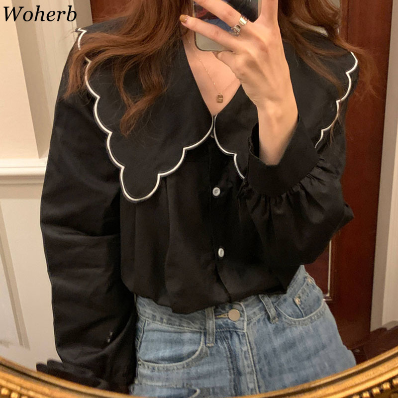 Korean Peter Pan Collar Blouse Women Long Sleeve Shirt Spring Summer Elegant Kawaii Chic Blusas De Mujer 210519