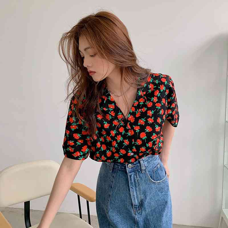 Orean Floral Short Sleeve Versatile Blouse Shirt Vintage Elegant Turn-down Collar Tops Summer Causal Camisas De Mujer 210515
