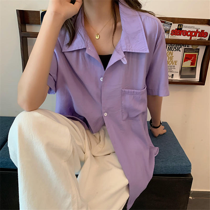 OL Chic Elegant Loose Shirt Women Summer Blouses Office Lady Wear Solid Casual Short Sleeve Outwear Tops Blusas 210421