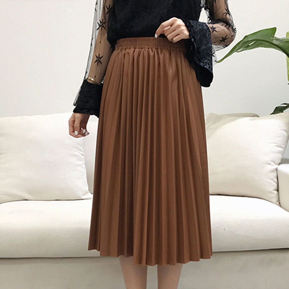 Women Autumn PU Leather Pleated Skirt Elastic High Waist All-match Female Skirts Streetwear Chic Womens Bottoms 210428