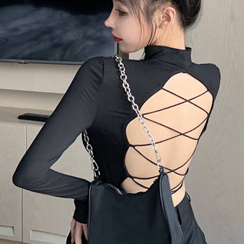 Spring Summer Tops Shirts Long Sleeve Cotton Casual Solid Women Blouses Cross Bandage Backless Sexy Corset Top 12849 210508