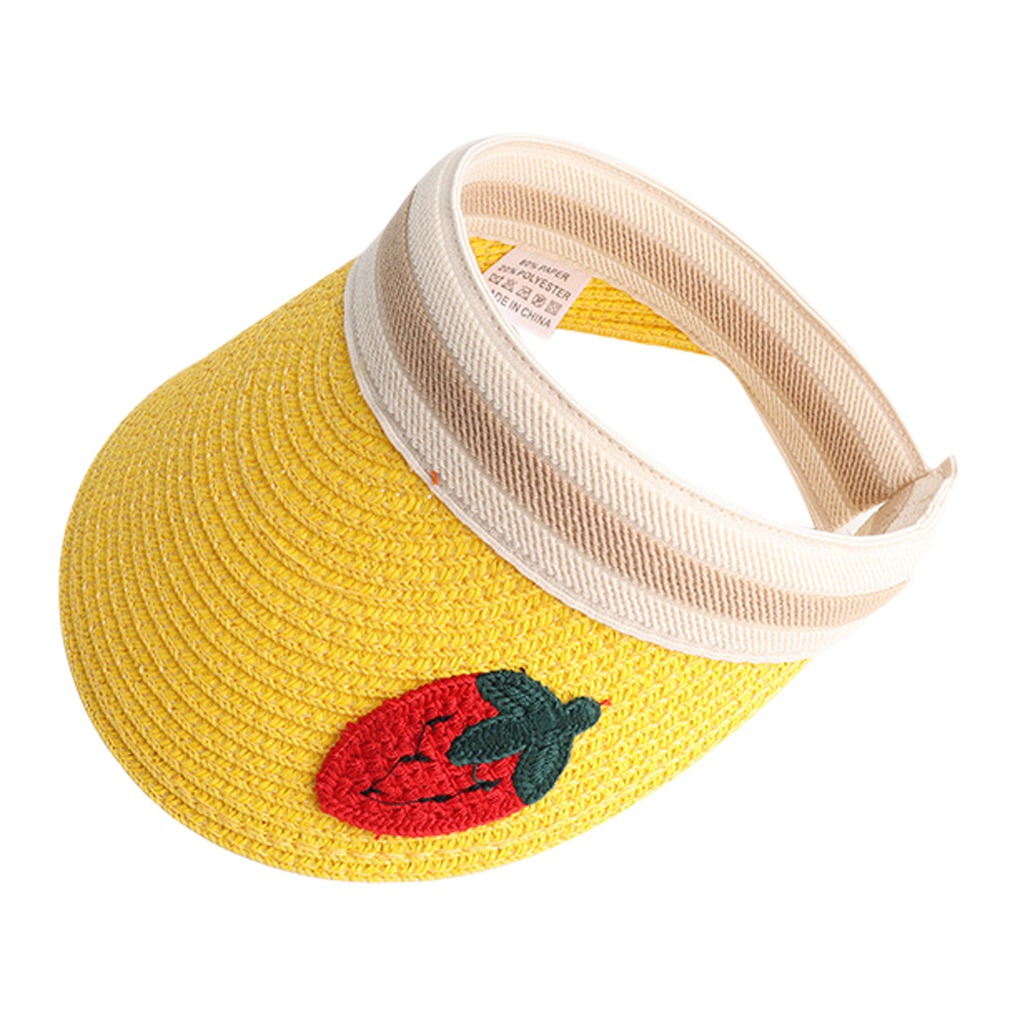 Women Girls Straw Visor Cap Outdoor Summer Beach Party Sun Hat UV Protection Fruit Flower Wide Brim