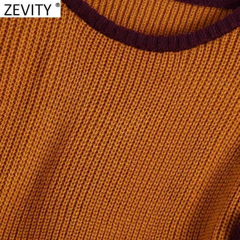 Zevity Women Fashion Oversleeve Two Wear Short Knitting Sweater Female Chic O Neck Patchwork Pullovers Crop Tops SW817 210603