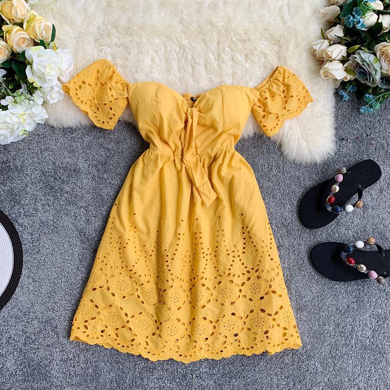 Women Beach Dress Fashion Summer Sexy Hollowing Out Off Shoulder White Female Loose A-line Robe Vestidos Mujer Casual Dresses