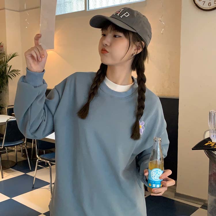 3 colors winter preppy style Women Sweatshirts Long Sleeve floral embroidery thick warm Sweatshirt Womens pullovers(F4163) 210423