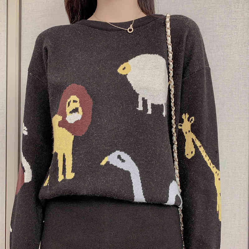 Arrival Autumn Winter Korea Fashion Women Two Piece Set Knit Skirt Cartoon pattern Casual Pullover sweater 2 S455 210512