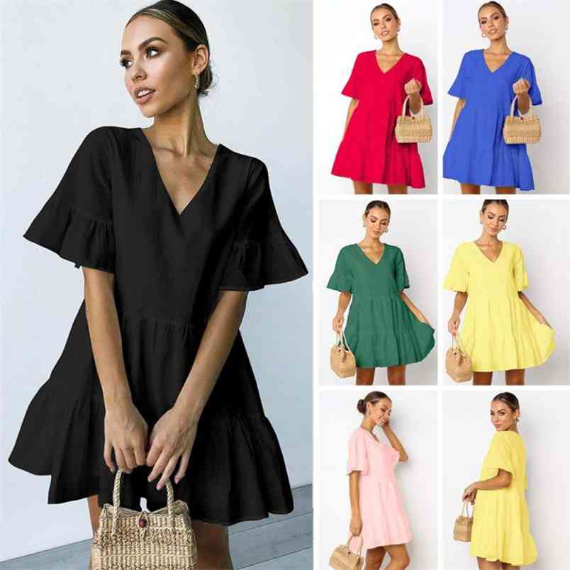 Women Dress Solid Short Sleeve V Neck Bohemian Ruffles Loose Casual Summer es Plus Size Ladies es 210513