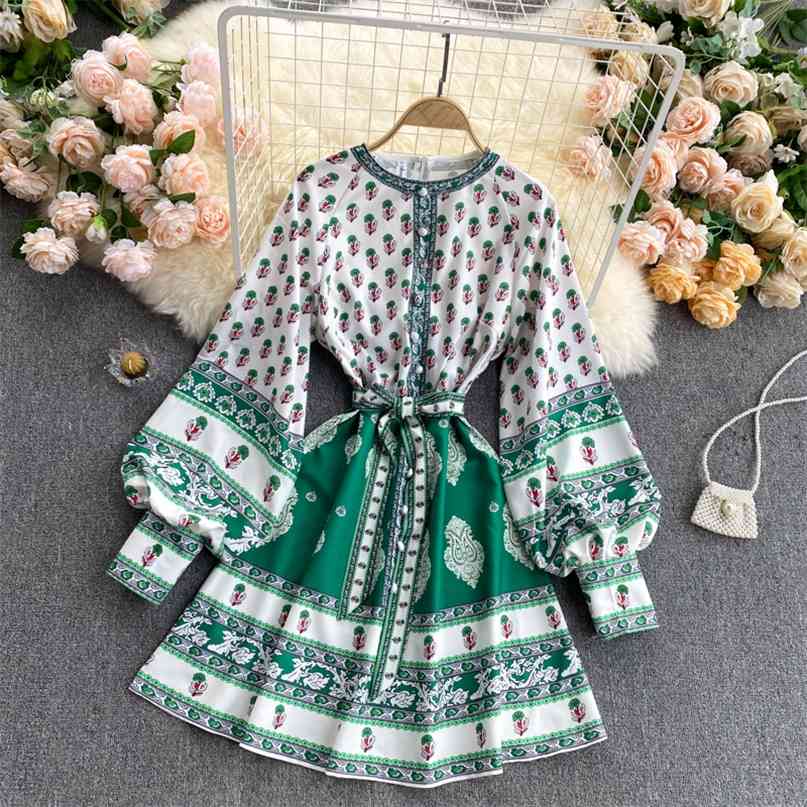 Women Fashion Chic Vintage Print Round-neck Long Sleeve High Waist Thin Feminine A-line Dress Elegant Clothes Vestidos R915 210527