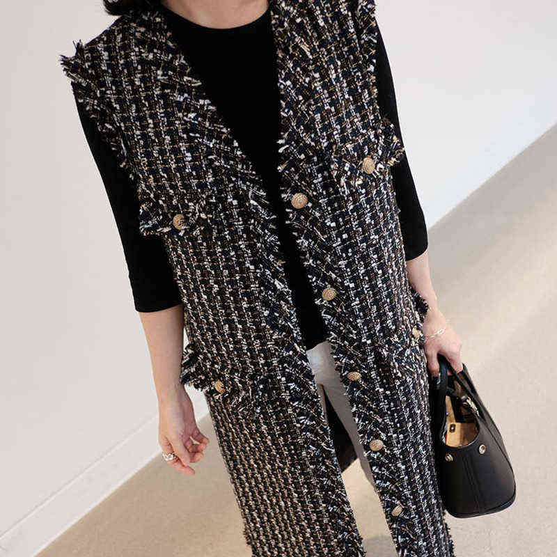 LANMREM v-neck black single-breasted elegant Tweed vest autumn plaid pattern Korean style all-match waistcoat for Women 2A986 211120