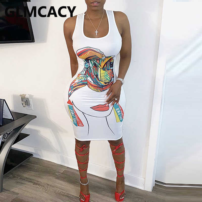 Women Cartoon Printed Bodycon Dress Sleeveless Slim Fit Plus Size Casual Dresses 210702