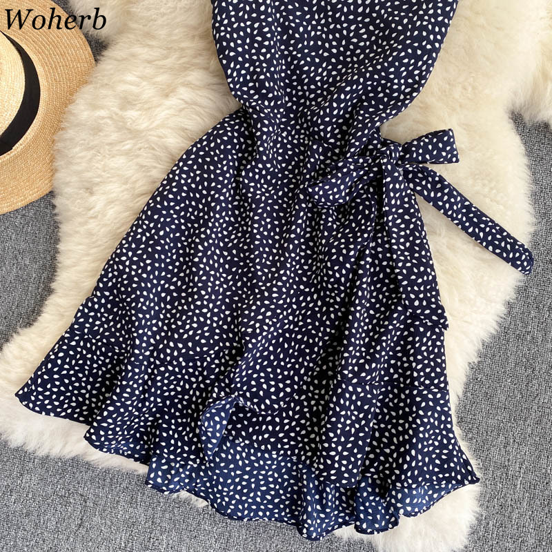 Seaside Holiday Dress Women's Summer Robe Temperament Slim Ruffles Mini Dresses Sleeveless Chiffon Sling Vestidos 210519