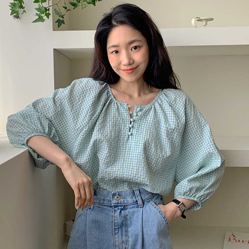 Korejpaa Women Shirt Summer Korean Age-Reducing Fresh Round Neck Small Breasted Loose Versatile Puff Sleeve Plaid Blouses 210526
