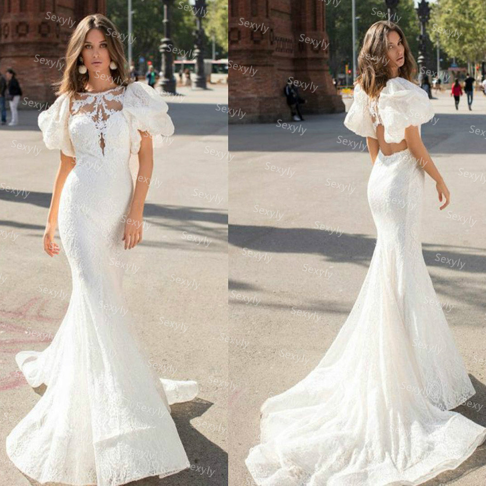 Gorgeous Full Lace Mermaid Bohemian Wedding Dress With Puff Sleeve Sexy Open Back Country Boho Bride Dresses Sweep Train 2021 Elegant Outdoor Women Ro