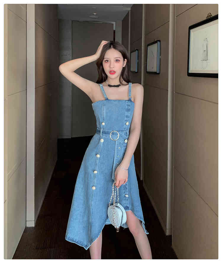 Sexy Women Spaghetti Strap Denim Dress Vestidos Pearl Double Breasted Fashion Slim Chic irregular Dresses Female 210519