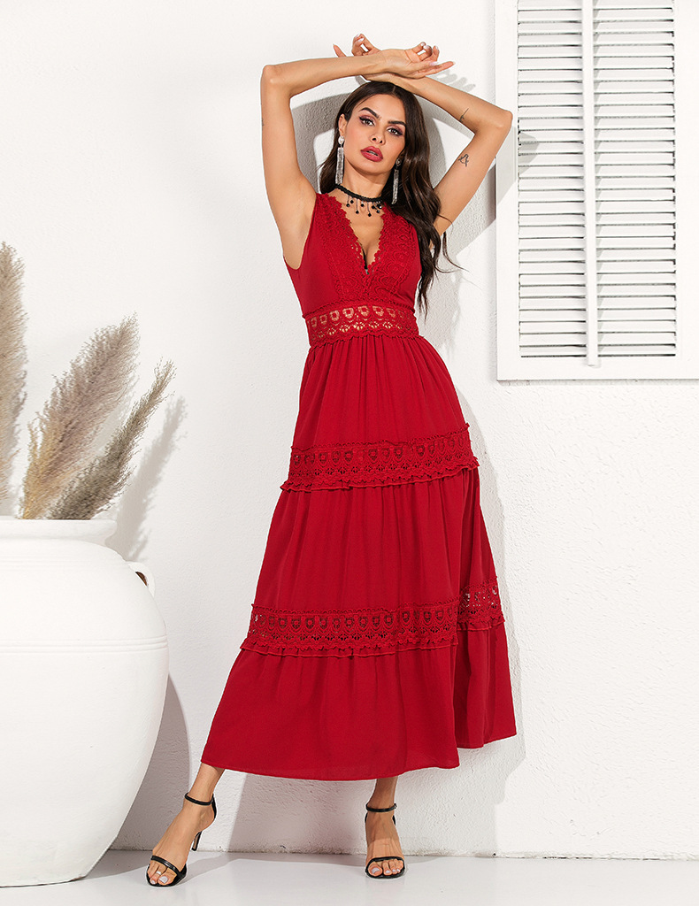 Women Dress Deep V Neck Backless Bohemian es Sleeveless Hollow Out Big Hem Maxi es Sexy Plus Size Summer 210524