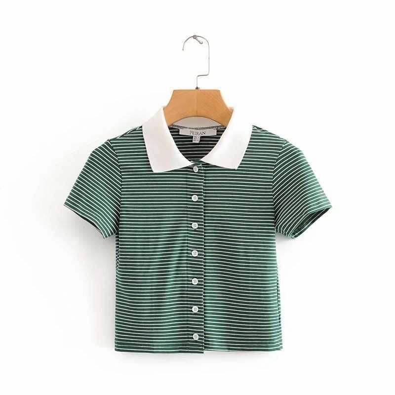 Summer Fashion Cardigan Lapel Short Sleeve Single Breasted Stripe Slim Fit T-shirt Women' Top 210607, Green
Summer Fashion Cardigan Lapel Short Sleeve Single Breasted Stripe Slim Fit T-shirt Women' Top 210607, Green