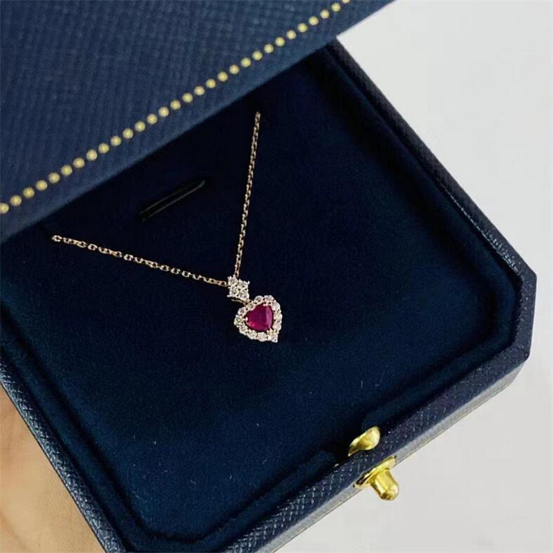 Ins Top Sell Sparkling Brand Jewelry Sterling Sier&Gold Fill Heart Pendant Ruby CZ Dia Gemstones Party Women Wedding Clavicle Necklace Gift