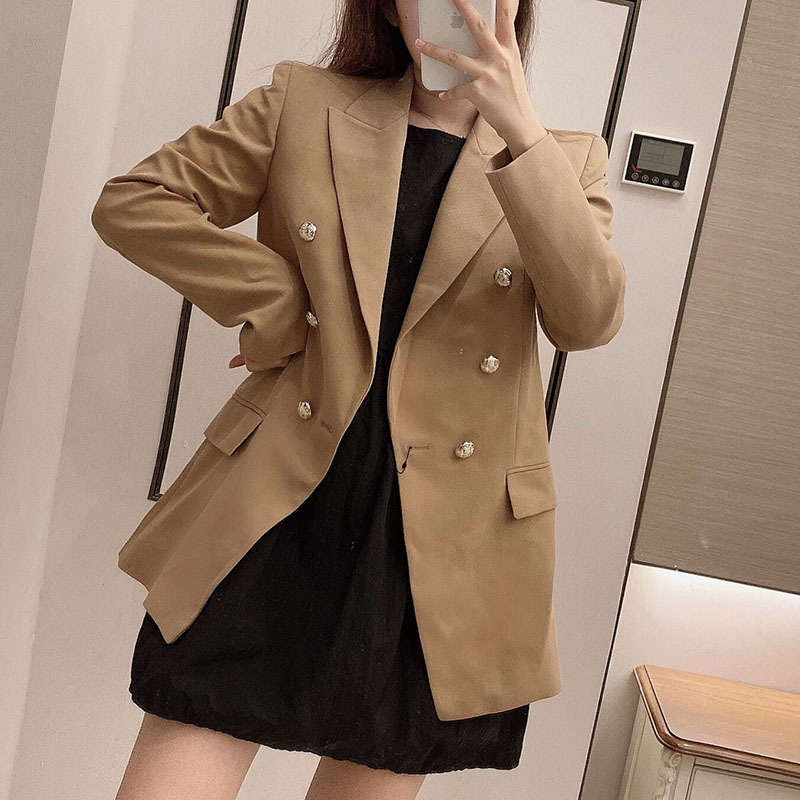 Casual Brown Blazer Women Outerwear Double Breasted Fashion Lady Blazer Suit Long Sleeve Office Wear Coat Femme Veste 210414