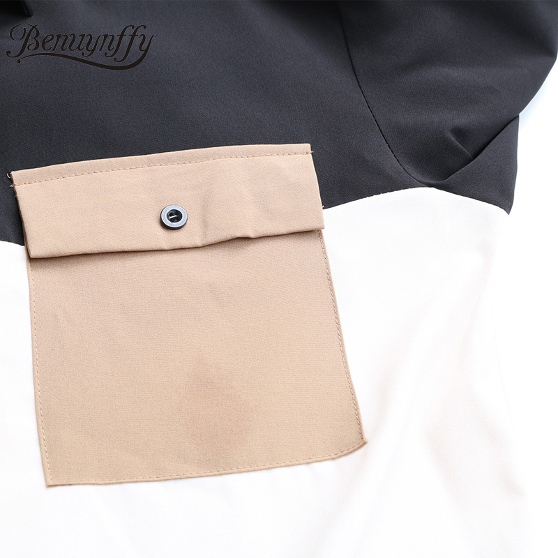 Turn-down Collar Pocket Color Block Shirt Dresses Women Spring Long Sleeve Casual Straight Mini Dress Without Belt 210510