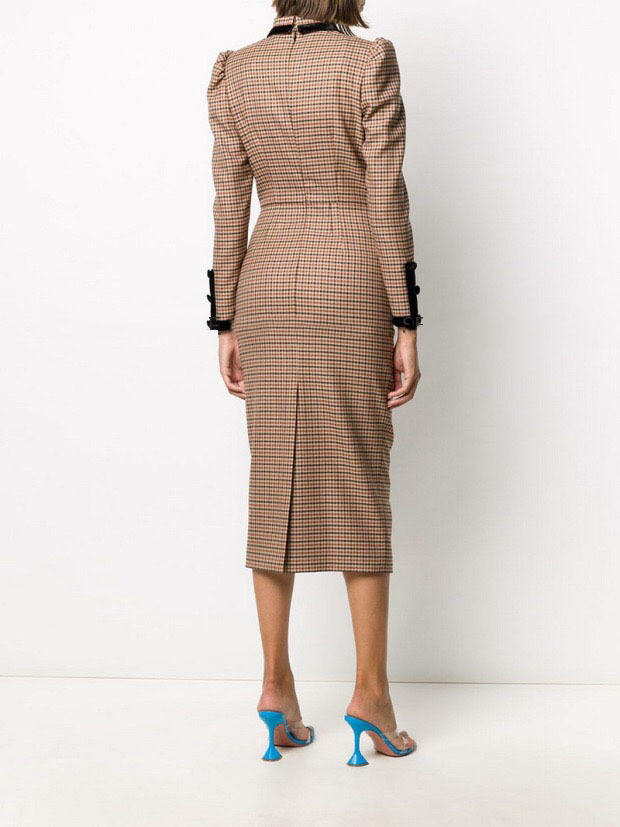 runway elegant plaid turn down colla autumn winter tops long sleeve pencil midi dress office lady buttons high quality 210421