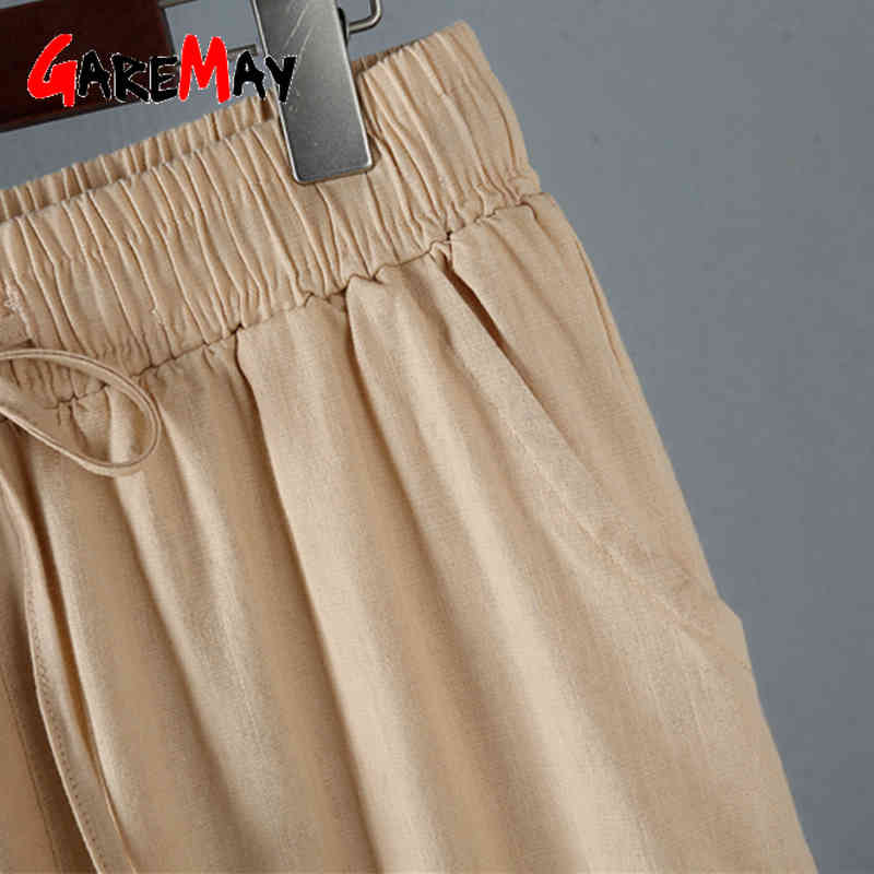 Casual Cotton Linen Pants Women Spring Summer Loose Capri Wide Leg Khaki Elastic Waist Solid Basic Trousers for 210428