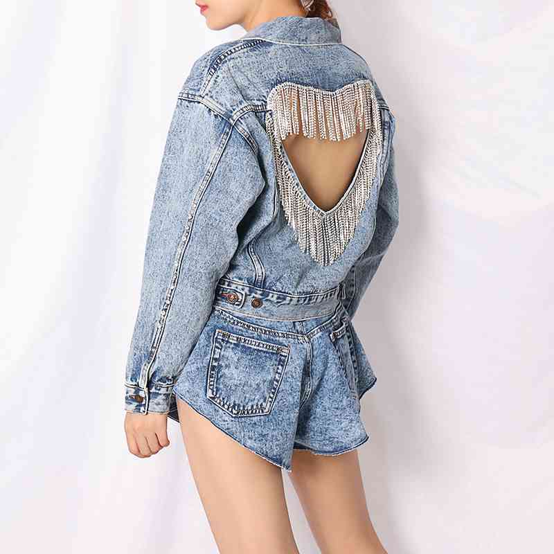 Patchwork Tassel Diamond Denim Jacket For Women Lapel Long Sleeve Hollow Out Casual Jackets Female Fashion 210524
