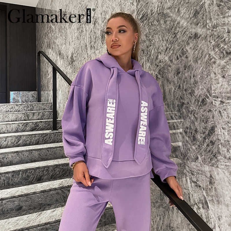 Glamaker Casual Purple loose fleece tracksuits pants suit women Oversize sweatshirt hoodies Elastic High Waist harem pant winter 211007