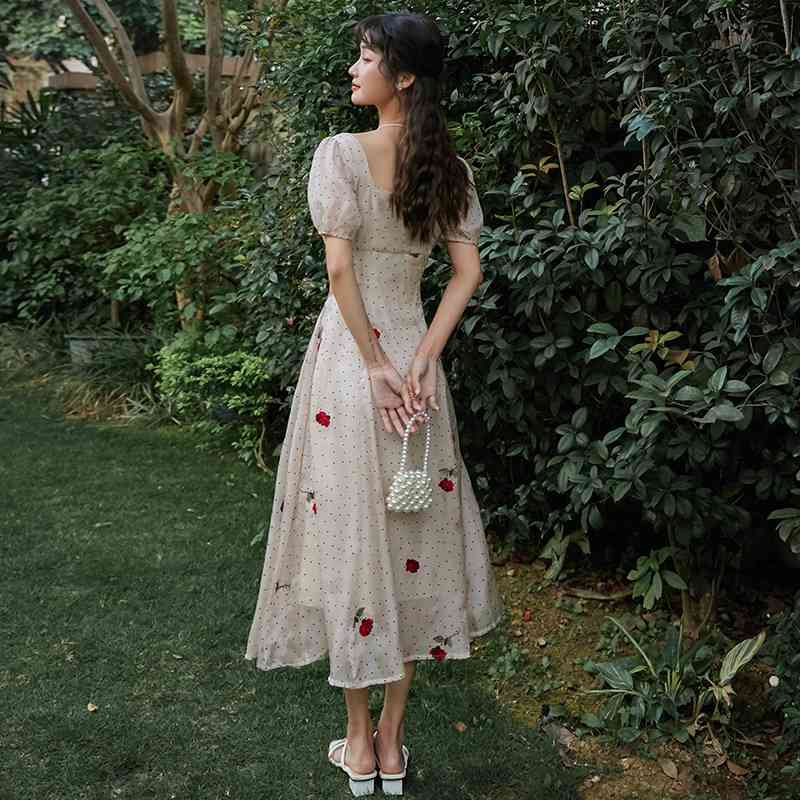 Vintage Elegant Square Neck Dot Summer Dress Casual Embroidery Flowers Lace Up A Line Dres Midi Robes Korean 210520