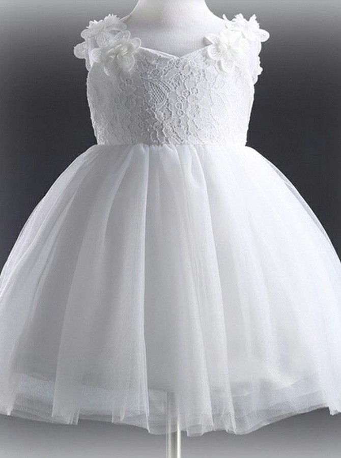 White 3D Flower Lace Girls Dresses For Wedding Bow V Neck Spaghetti Ankle Length A Line Birthday Party Communion Dress