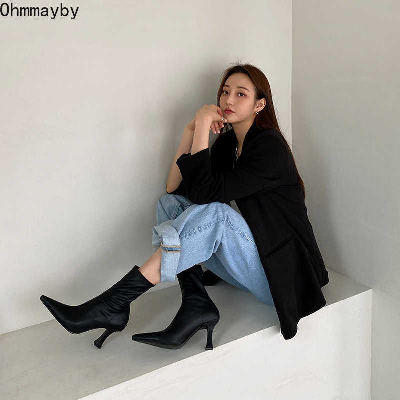 Black Women Ankle Boots Woman Thin High Heel Fashion Pointed Toe Zipper Winter Women's Shoes 2021 Leather White Short Booties Y0914