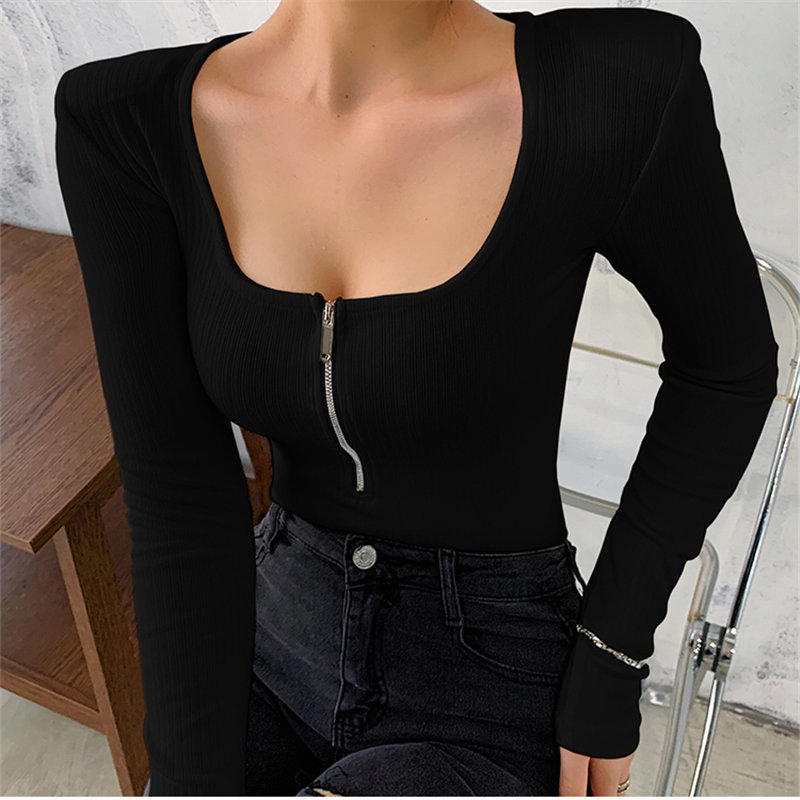 Slim All Match Women Autumn Tops Square Collar High Street T-shirt Sexy Solid Female Chic Basic 210421