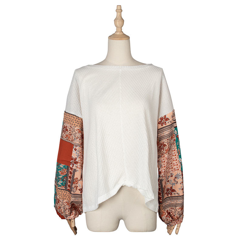 Autumn Winter Elegant Waffle Top Women New Casual O-neck Bohemian Print Batwing Sleeve T Shirt Top 210413