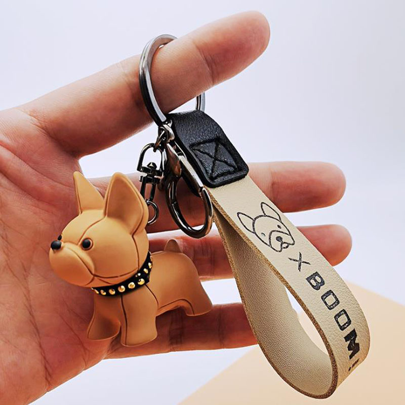 Cartoon Fighting Dog Keychain for Women Man Pendant Car Leather Key Ring Christmas Gift