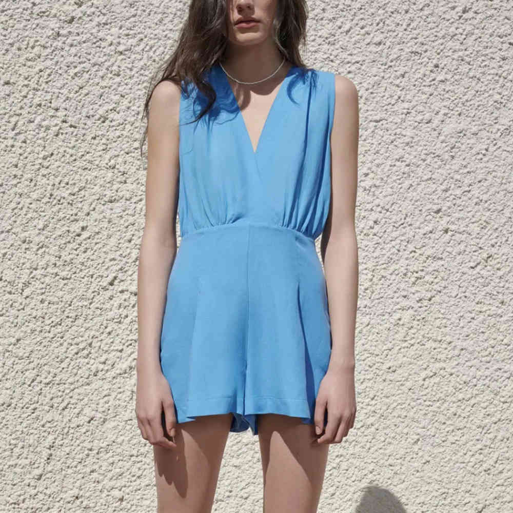 BBWM Women Jumpsuits Rompers Summer Vintage Casual Blue V-neck Overalls Jumpsuit Sleeveless Wide Leg Loose Jumpsuit 210520